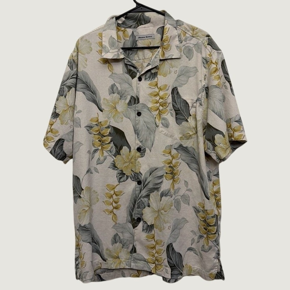 Havana Breeze Mens XL Tropical Floral Button Down Shirt Grey Yellow Short Sleeve